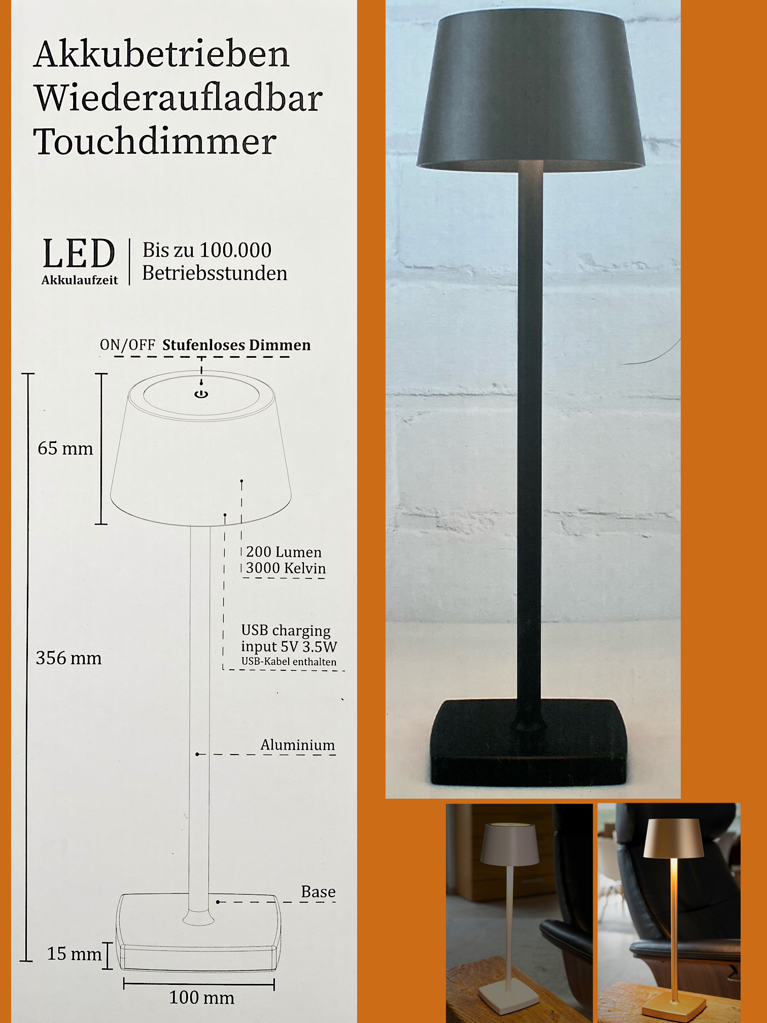 Orange One powerd by TopLight ingenious rechargeable LED table lamp  portable, dimmable - rosegold